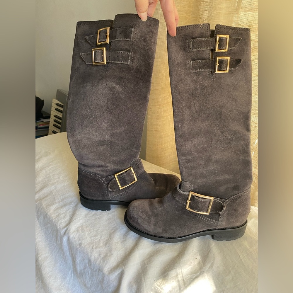 Jimmy Choo grey suede Leather slip on knee high Boots 34-5
